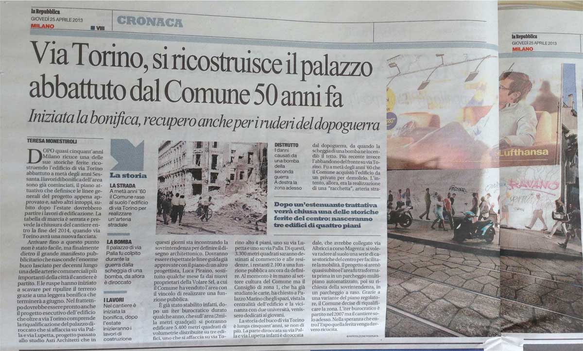 Articolo de "La Repubblica" su operazione immobiliare a MIlano in Via Torino
